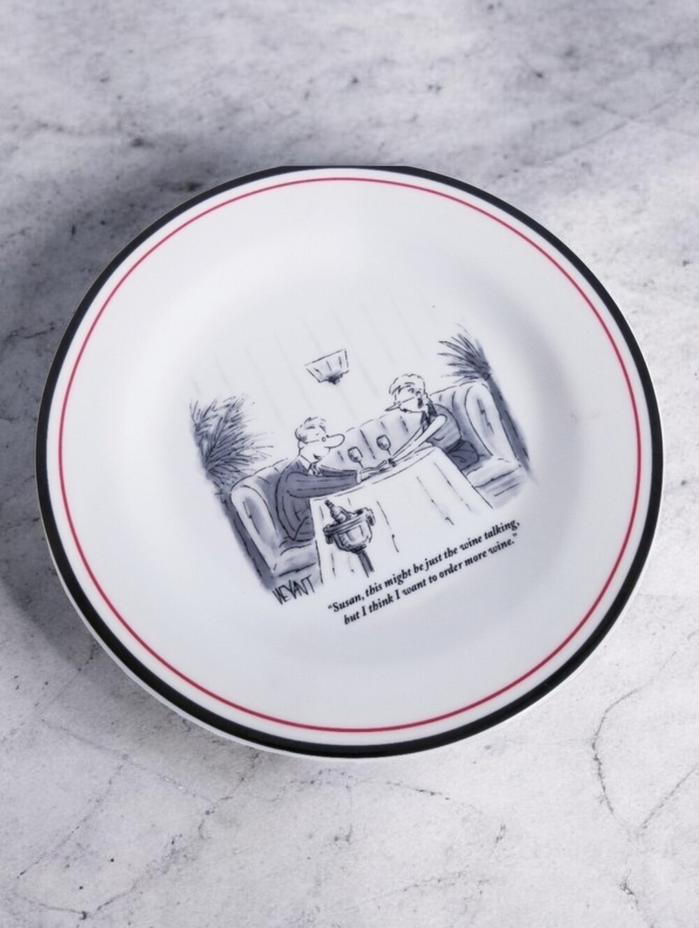 Restoration Hardware Cheese Plate 8" New Yorker Cartoon Wine Quote White Black